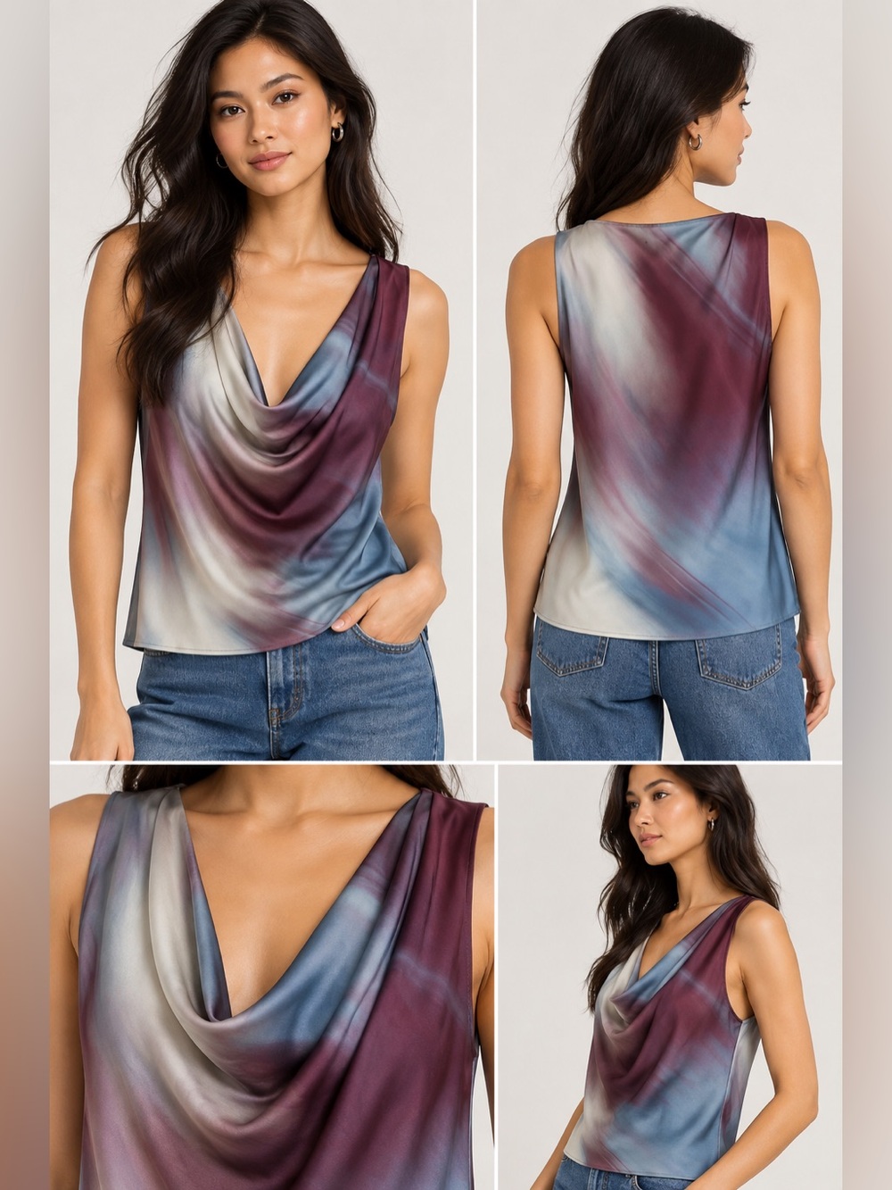Zara Draped Satin Effect Tie-Dye Cowl Tank Top